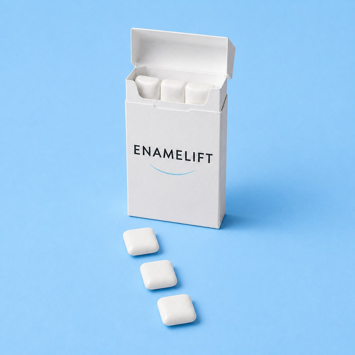 Open ENAMELIFT pack with pieces falling out on sky blue