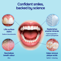 ENAMELIFT oral-care formula illustrated around a smiling mouth