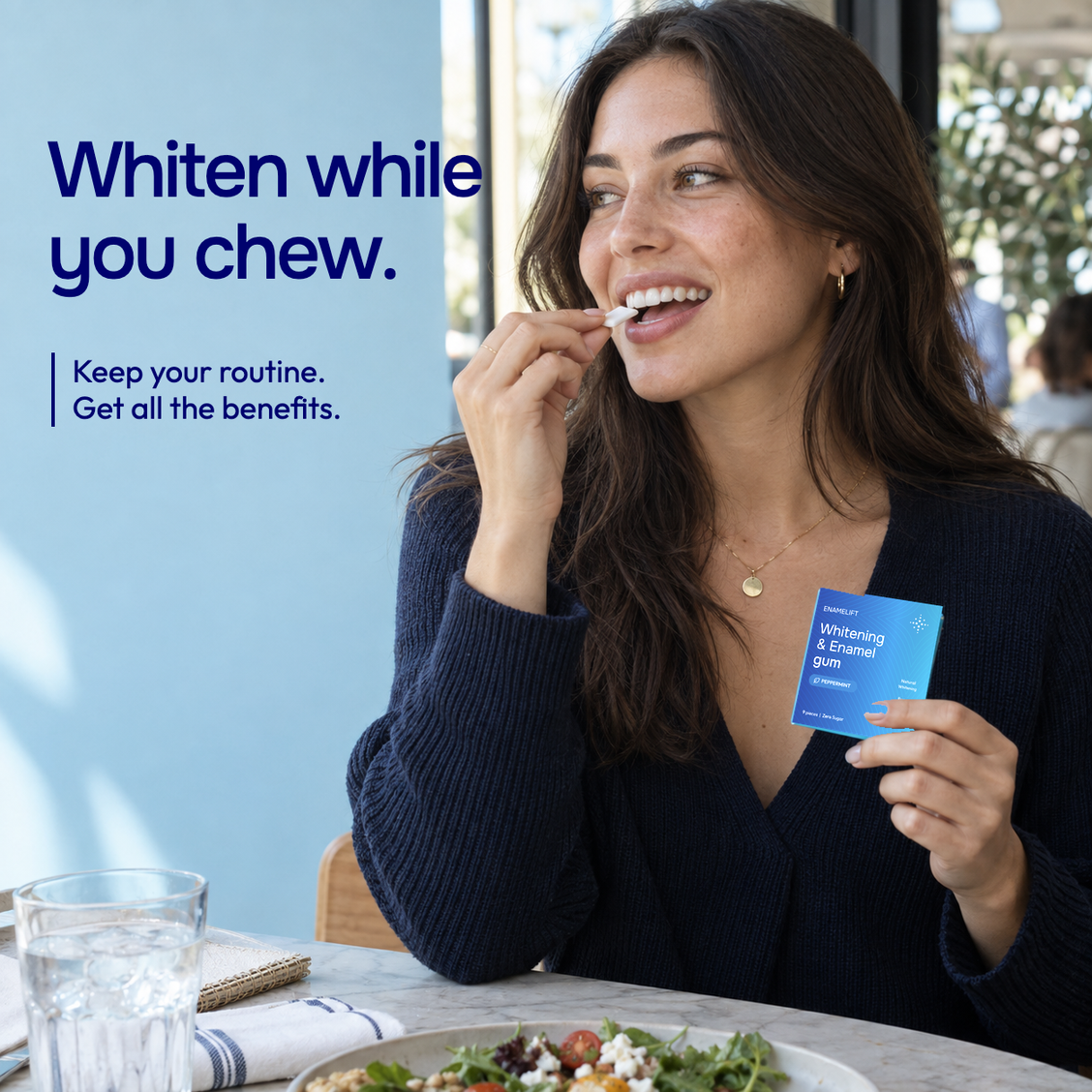 Woman placing a piece of ENAMELIFT gum in her mouth