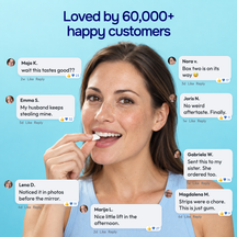 Woman chewing ENAMELIFT gum surrounded by social-style comments