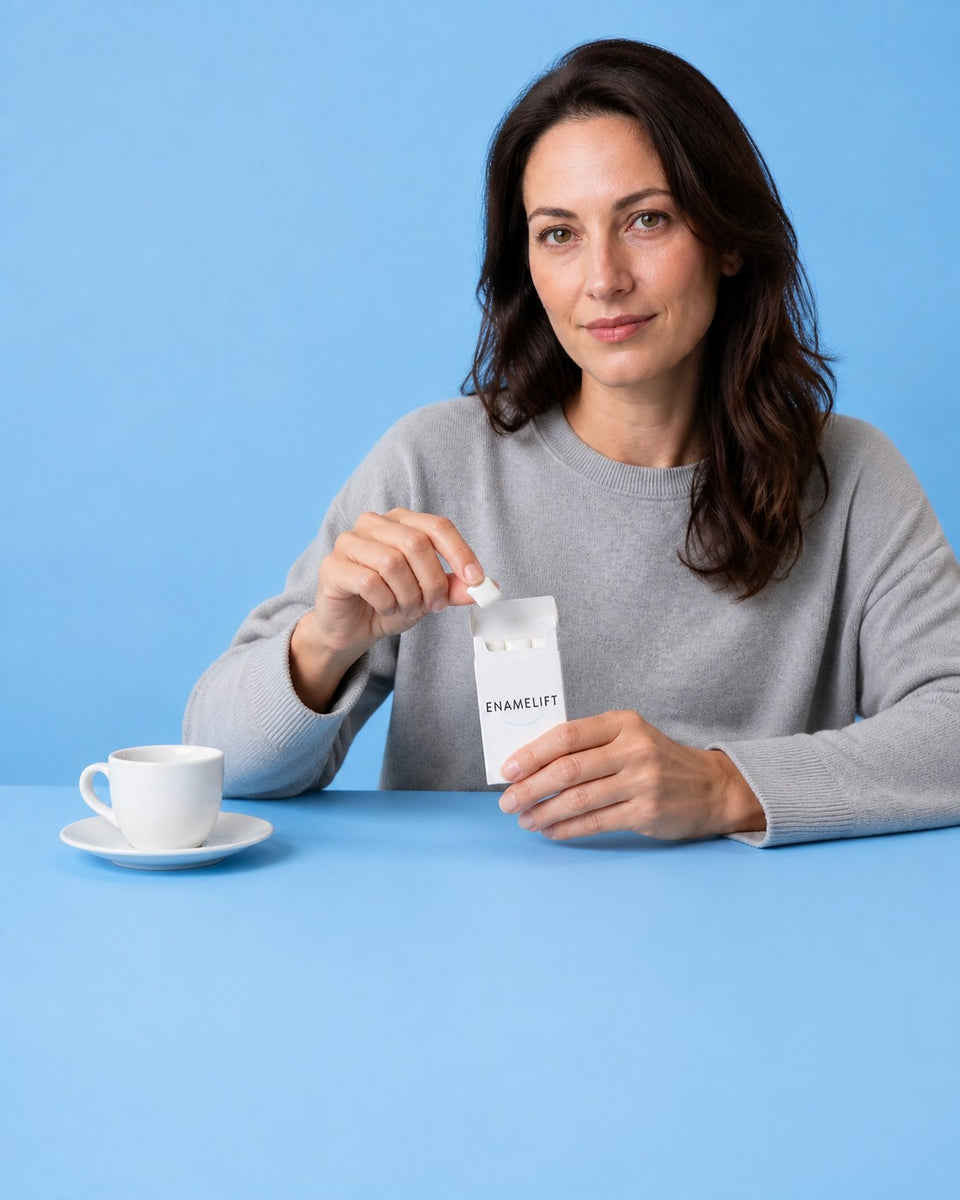 Woman taking a piece of gum next to a coffee cup
