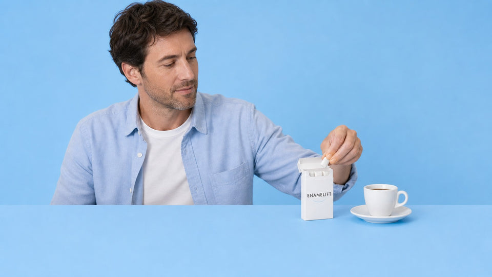 Man taking a piece of gum from a pack beside his espresso