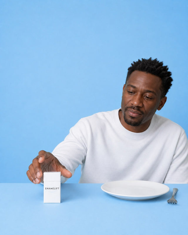 Man reaching for an ENAMELIFT pack after a meal