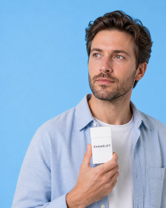 Man holding an ENAMELIFT pack against a sky-blue background