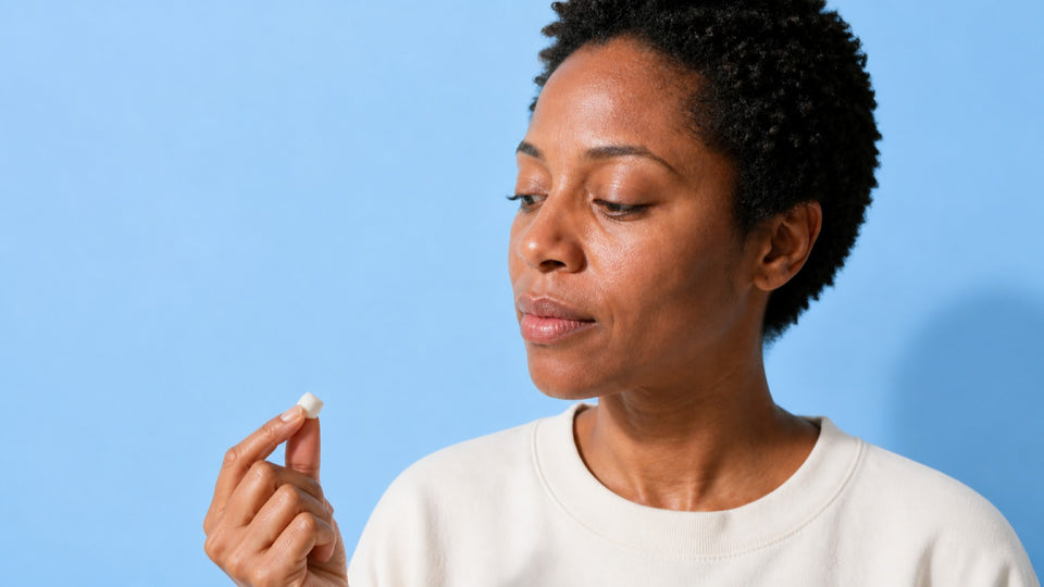 Woman holding a piece of ENAMELIFT gum up to look at it