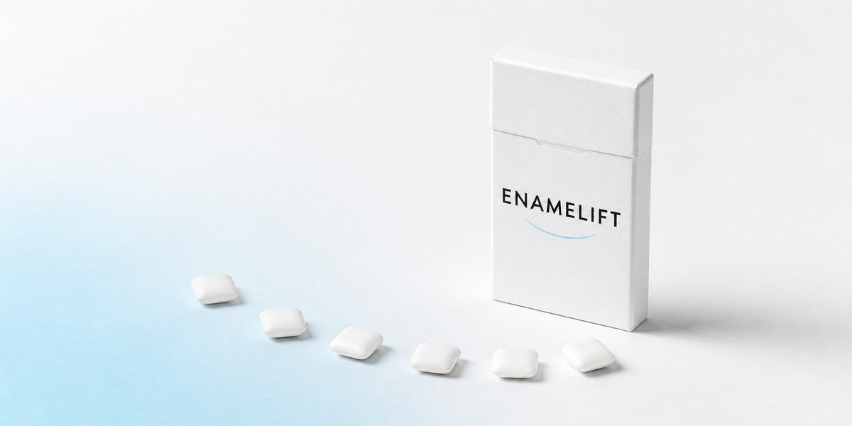 ENAMELIFT pack with a pale blue gradient sweep and gum pieces