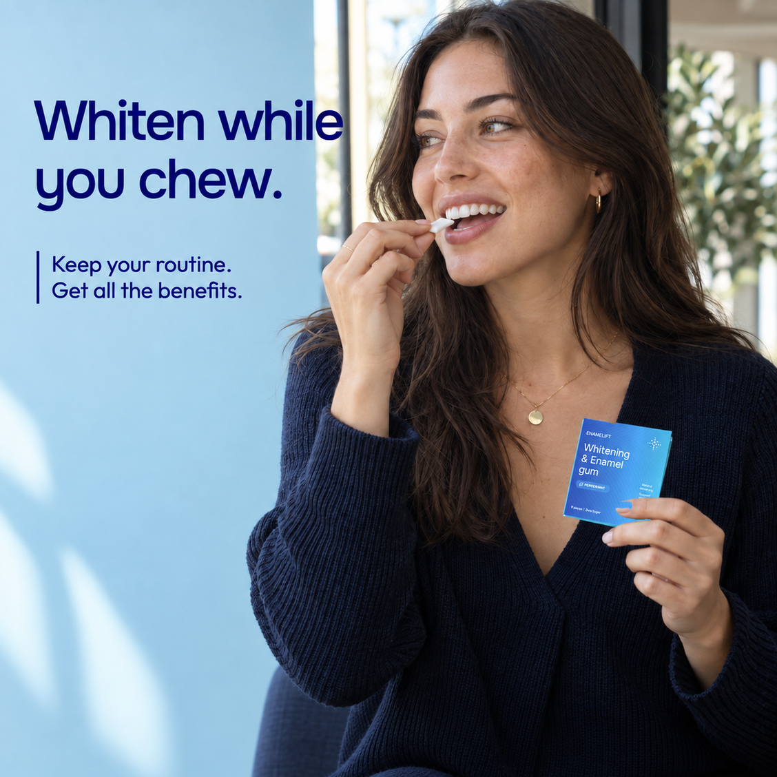 Woman placing a piece of ENAMELIFT gum in her mouth
